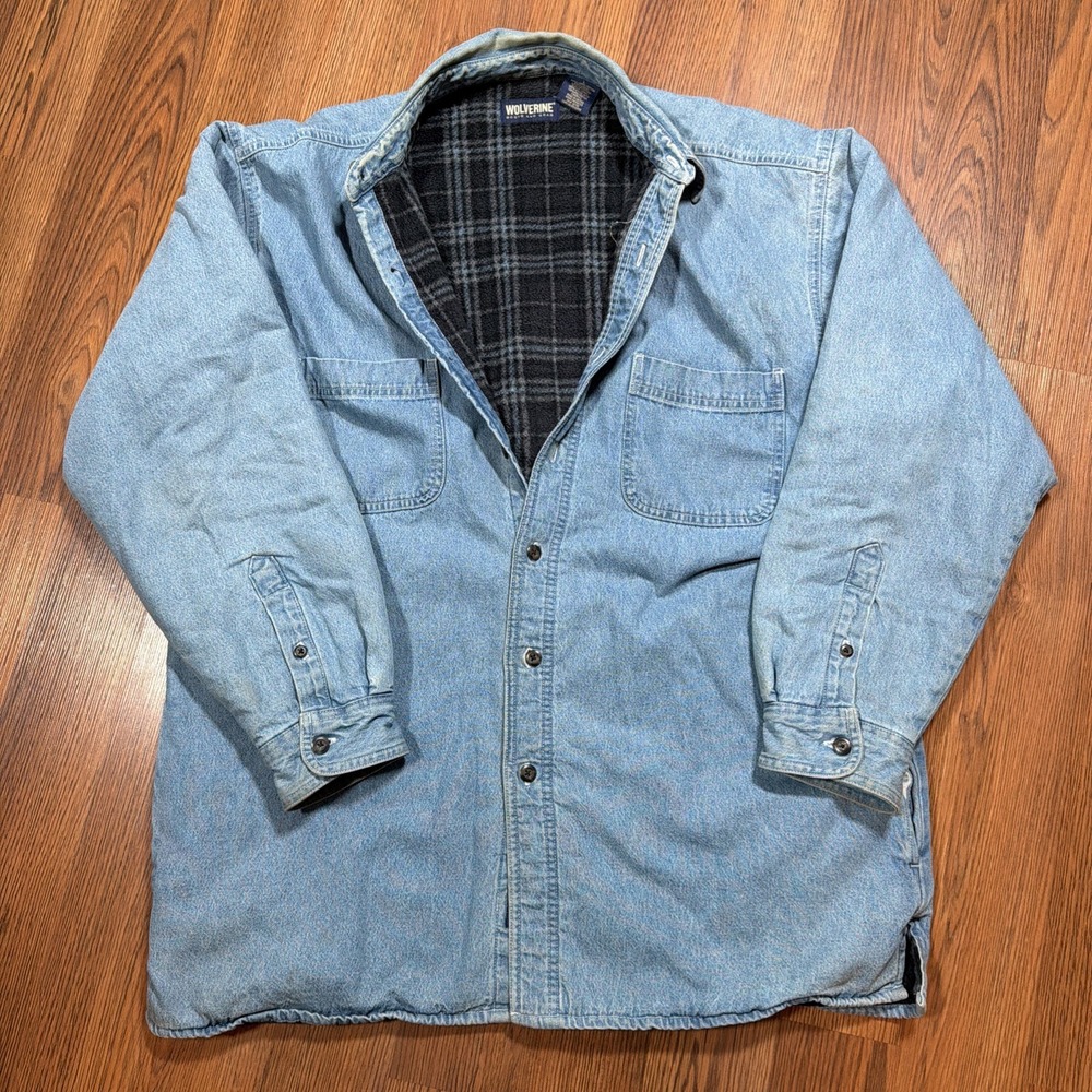 Wolverine Men's L Flannel Fleece Lined Blue Jean Denim Heavy Shirt Jacket